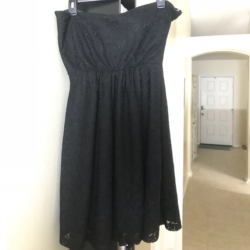 Strapless black lace dress with open back